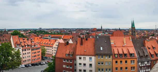 Top cityscape view on the old town from castle hill. Panoramic view of terracotta and orange roofs of the historic old city of Nuremberg Nurnberg, Mittelfranken region, Bavaria, Germany