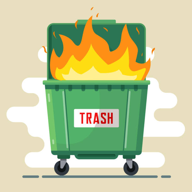 the trash can is burning. violation of the rules the trash can is burning. violation of the rules. harm to nature and people. bad ecology. flat vector illustration industrial garbage bin stock illustrations