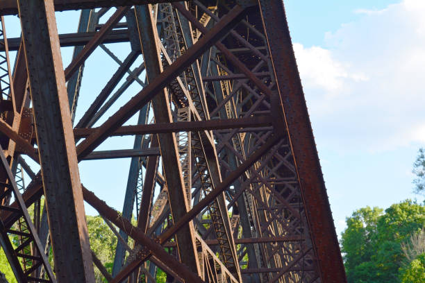 istock Rusty, brown metal rail road bridge from below. Railway steel bridge structure. 1161824320