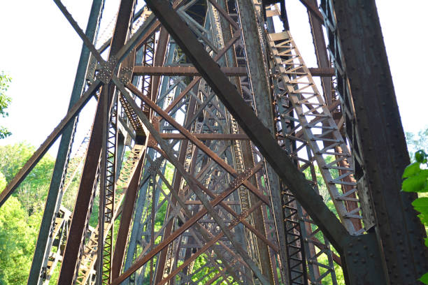 istock Rusty, brown metal rail road bridge from below. Railway steel bridge structure. 1161824325