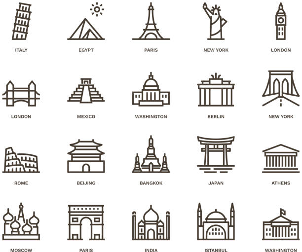 International Landmarks and Monuments,  Monoline concept The icons were created on a 48x48 pixel aligned, perfect grid providing a clean and crisp appearance. Adjustable stroke weight. famous place stock illustrations