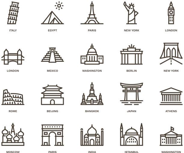 International Landmarks and Monuments, Monoline concept The icons were created on a 48x48 pixel aligned, perfect grid providing a clean and crisp appearance. Adjustable stroke weight. unesco building paris stock illustrations
