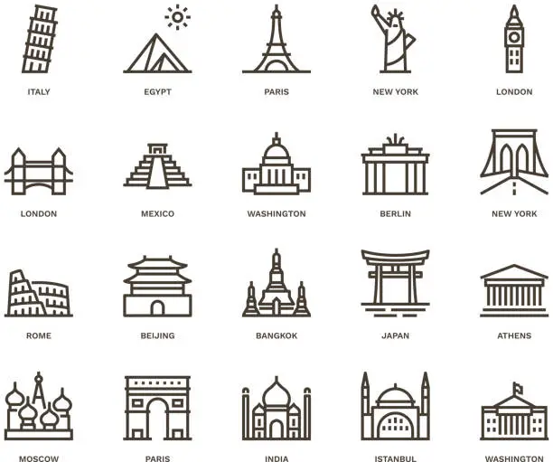 Vector illustration of International Landmarks and Monuments,  Monoline concept