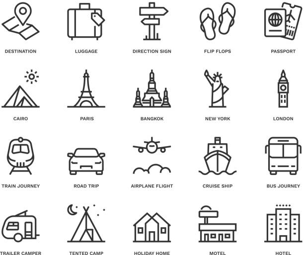 Travel and Holidays Icons,  Monoline concept. The icons were created on a 48x48 pixel aligned, perfect grid providing a clean and crisp appearance. Adjustable stroke weight. big ben stock illustrations