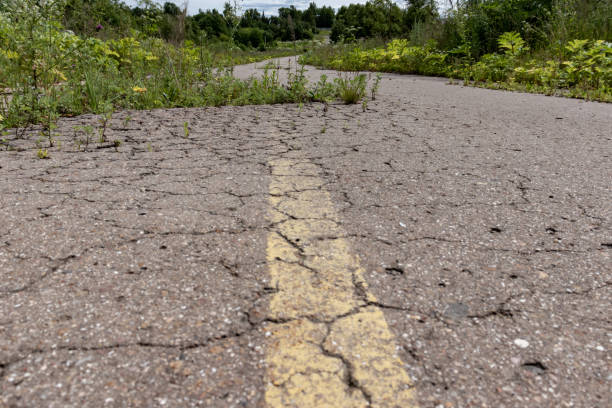 istock Old cracked road asphalt with yellow solid line, grunge marking on abandoned overgrown road 1161828131