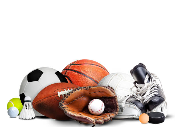 Sports Equipment For All Seasons Isolated on White Background Sports equipment, rackets and balls for all seasons isolated on white background and copy space. sports equipment stock pictures, royalty-free photos & images