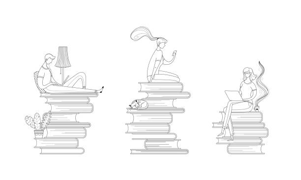 ilustrações, clipart, desenhos animados e ícones de ilustrações do vetor do esboço dos leitores da biblioteca digital ajustadas - white background isolated on white isolated book