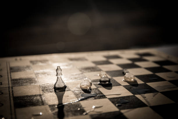 Strategy and tactics concept. Icy frosted chess figures standing on a chessboard during sunset. Melting ice chess