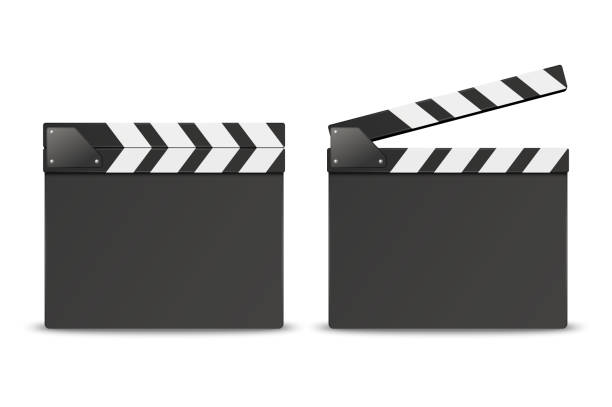 illustrazioni stock, clip art, cartoni animati e icone di tendenza di vector 3d realistic blank closed and opened movie film clap board icon set closeup isolated on white background. modello di design di clapperboard, slapstick, filmmaking device. vista frontale - slapstick