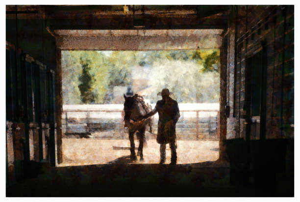 istock Cowboy at a horse stable - digital photo manipulation 1161849221