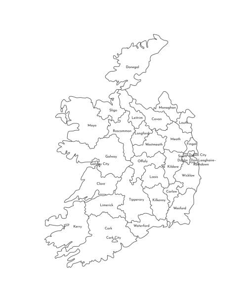 アイルランド共和国の簡略化された行政地図のベクトル分離図。地域の境界線と名前。ブラックラインシルエット - carlow点のイラスト素材／クリップアート素材／マンガ素材／アイコン素材