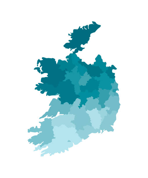 ilustrações, clipart, desenhos animados e ícones de vector a ilustração isolada do mapa administrativo simplificado da república de ireland. fronteiras das regiões. silhuetas cáqui azuis coloridas - republic of ireland