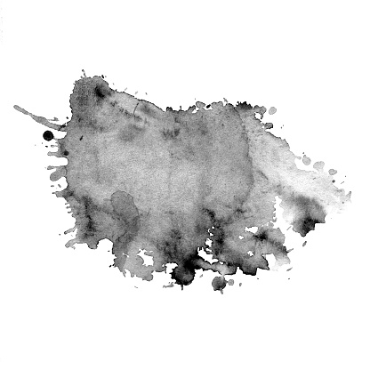 Watercolor stain of gray with splashes and stains. An isolated monochrome spot on a white background. Bright graphic blot drawn by hand.