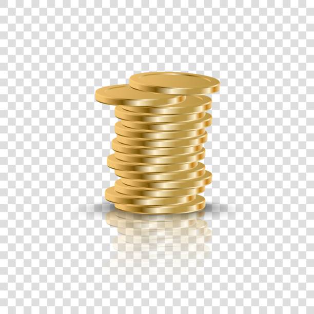 illustrazioni stock, clip art, cartoni animati e icone di tendenza di stack realistico di monete d'oro su sfondo trasparente - currency stack dollar heap