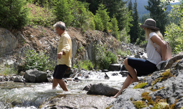 istock Mature couple cross mountain stream in forest 1161861315
