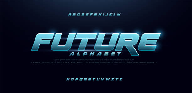illustrazioni stock, clip art, cartoni animati e icone di tendenza di sport futuro blu bagliore caratteri alfabeto moderno. tipografia tecnologica grassetto e corsivo carattere maiuscolo. illustrazione vettoriale - futuristic font