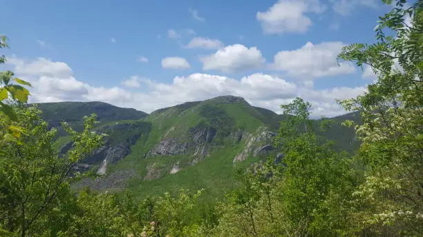 View of the mountainous landscape of Parc National des Grands-Jardins in the Charlevoix region of Quebec.