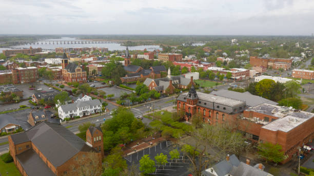 Aerial Perspective over the Downtown Urban City Center of New Bern NC stock photo