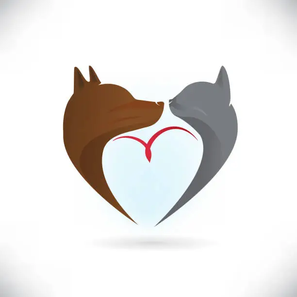 Vector illustration of Dog cat and bird in a heart shape