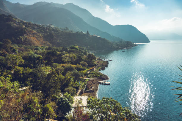 Villages along Lake Atitlan's edge in Guatemala, Central America