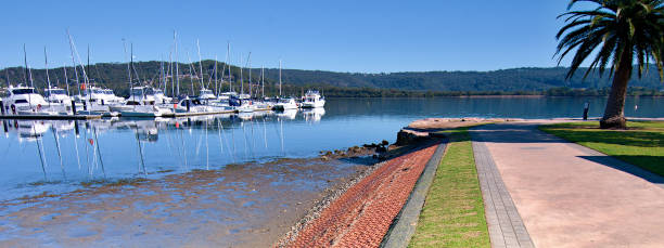 Waterfront maritime marina/dock. Waterfront park marina/dock panorama landscape with boats, tree covered horizon and a mid blue sky. Safe haven for sailing and cruising vessels. Gosford, Australia. downunder stock pictures, royalty-free photos & images