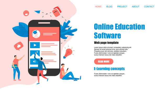 illustrations, cliparts, dessins animés et icônes de modèle de page web. application d'éducation en ligne. concept d'apprentissage en ligne - professeur(e)