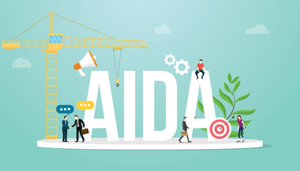 illustrazioni stock, clip art, cartoni animati e icone di tendenza di aida attenzione interesse desiderio azione vendita imbuto marketing concetto di business con team people e grande parola - vettore - customer target people market