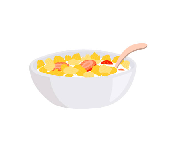 ilustraciones, imágenes clip art, dibujos animados e iconos de stock de escamas de maíz y fresa en un tazón con leche y cuchara aislada sobre fondo blanco. - corn flakes