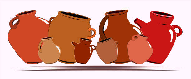 illustrations, cliparts, dessins animés et icônes de marmite. un ensemble de poterie. céramique ethnique avec l'ornement. poteries. céramique. - jug pitcher pottery old