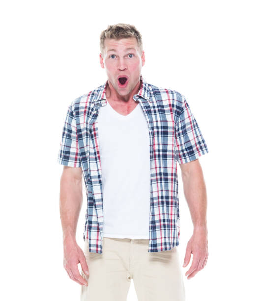 istock Handsome man in shirt and shorts is surprised 1161892210