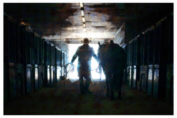 istock Cowboy at a horse stable - digital photo manipulation 1161893286