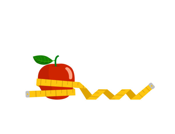 흰색 배경에 격리 된 줄자이가있는 빨간 사과. - tape measure measuring healthy lifestyle apple stock illustrations