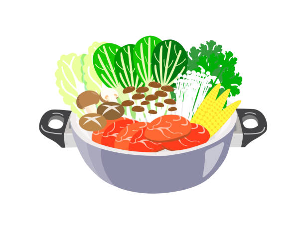 흰색 배경에 고립 된 야채와 고기와 냄비. - food thailand red pepper stock illustrations