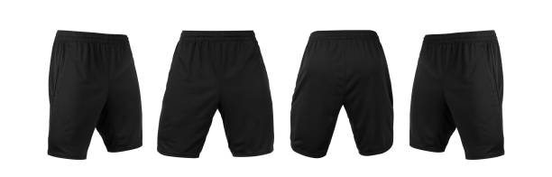 Blank black shorts pant mock up template, front and back and side view, isolated on white background with clipping path