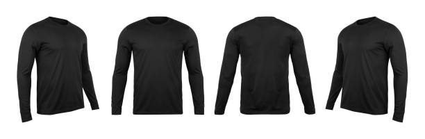 istock Blank black long sleve t-shirt mock up template, front and back and side view, isolated on white background with clipping path 1161901274