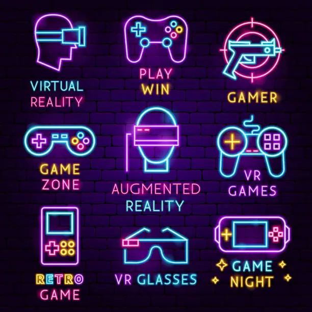 Vector illustration of VR Games Neon Label Set