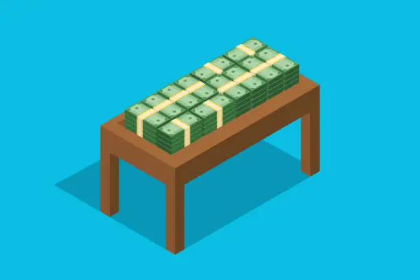 Vector illustration of cash stack money on top of wooden table flat style