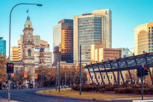 Victoria Square, Adelaide city centre Adelaide, Australia - April 22, 2019: Colonial and modern buildings viewed across Victoria Square at sunset time south australia photos stock pictures, royalty-free photos & images