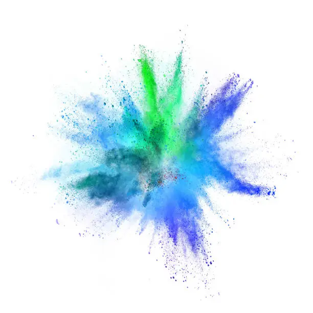 Photo of Colored powder explosion on white background.