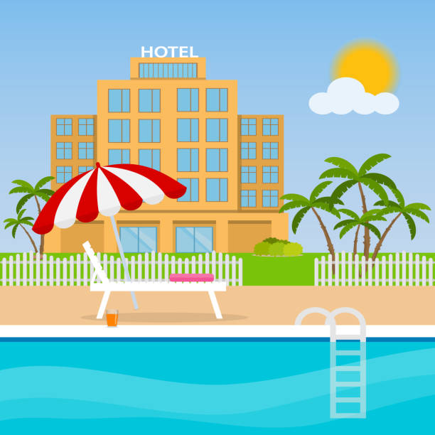 ilustrações de stock, clip art, desenhos animados e ícones de hotel swimming pool with chaise lounge and umbrella. summer travel, vacation and relax concept. tropical resort background. - hotel tourist resort luxury tropical climate