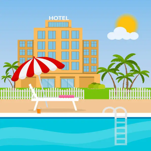 Vector illustration of Hotel swimming pool with chaise lounge and umbrella. Summer travel, vacation and relax concept. Tropical resort background.