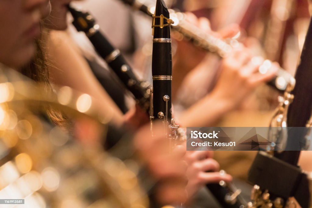 wind section during a classical concert music wind section during a classical concert music, close-up. Clarinet Stock Photo