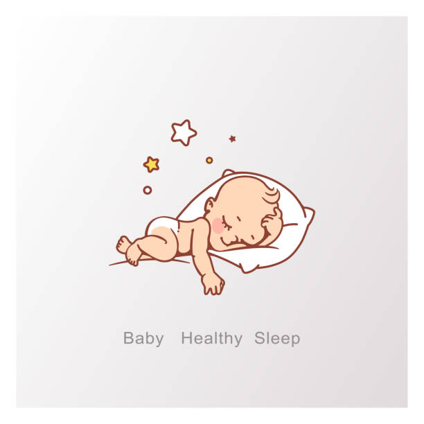 Logotype of Cute little baby boy or girl sleeping. Soft pillow. Bedtime. Logo for bedding linen. Sleep expert emblem.Healthy baby peaceful dream. Color vector illustration piccolo stock illustrations
