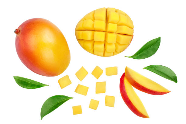 istock Mango fruit half with slices isolated on white background. Set or collection. Top view. Flat lay 1161914152