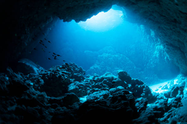rays of sunlight into the underwater cave - bottom sea imagens e fotografias de stock
