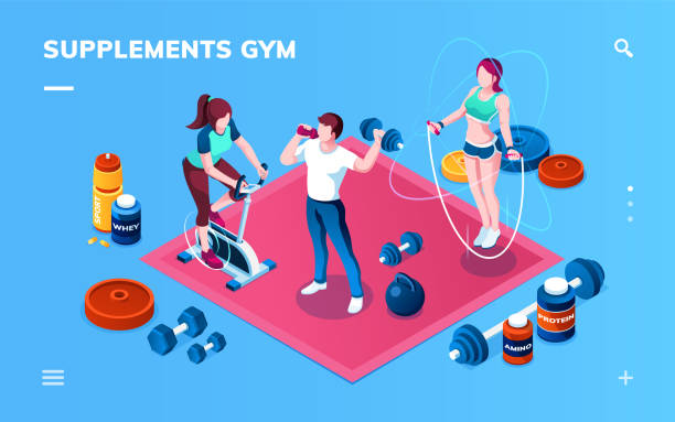 Gym supplement, workout or fitness, sport training application screen for smartphone. Isometric bodybuilder, exercise bike, skipping rope athlete, whey protein, amino, energizer, weight gainer shaker Gym supplement, workout or fitness, sport training application screen for smartphone. Isometric bodybuilder, exercise bike, skipping rope athlete, whey protein, amino, energizer, weight gainer shaker health club illustrations stock illustrations