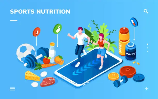 Vector illustration of Isometric screen for sport or healthy nutrition application. Man and woman jogging on smartphone near vegetables, whey protein, dumbbell. Online training, coach, food tracking, weight loss, health app