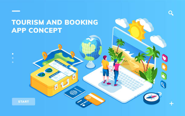 Isometric screen for online hotel reservation or flight booking, traveling or vacation planning smartphone application. Man and woman buying trip. Tourism and journey, recreation, travel app concept Isometric screen for online hotel reservation or flight booking, traveling or vacation planning smartphone application. Man and woman buying trip. Tourism and journey, recreation, travel app concept travel agencies stock illustrations
