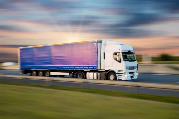 istock Truck with container on road, cargo transportation concept. 1161916802