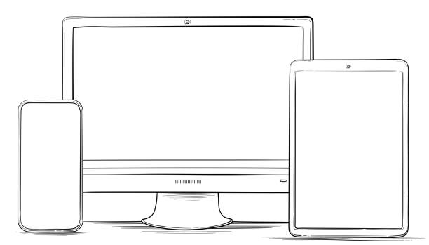 ilustraciones, imágenes clip art, dibujos animados e iconos de stock de ilustración vectorial de teléfono móvil dibujado a mano, tablet pc y monitor de computadora - tableta gráfica